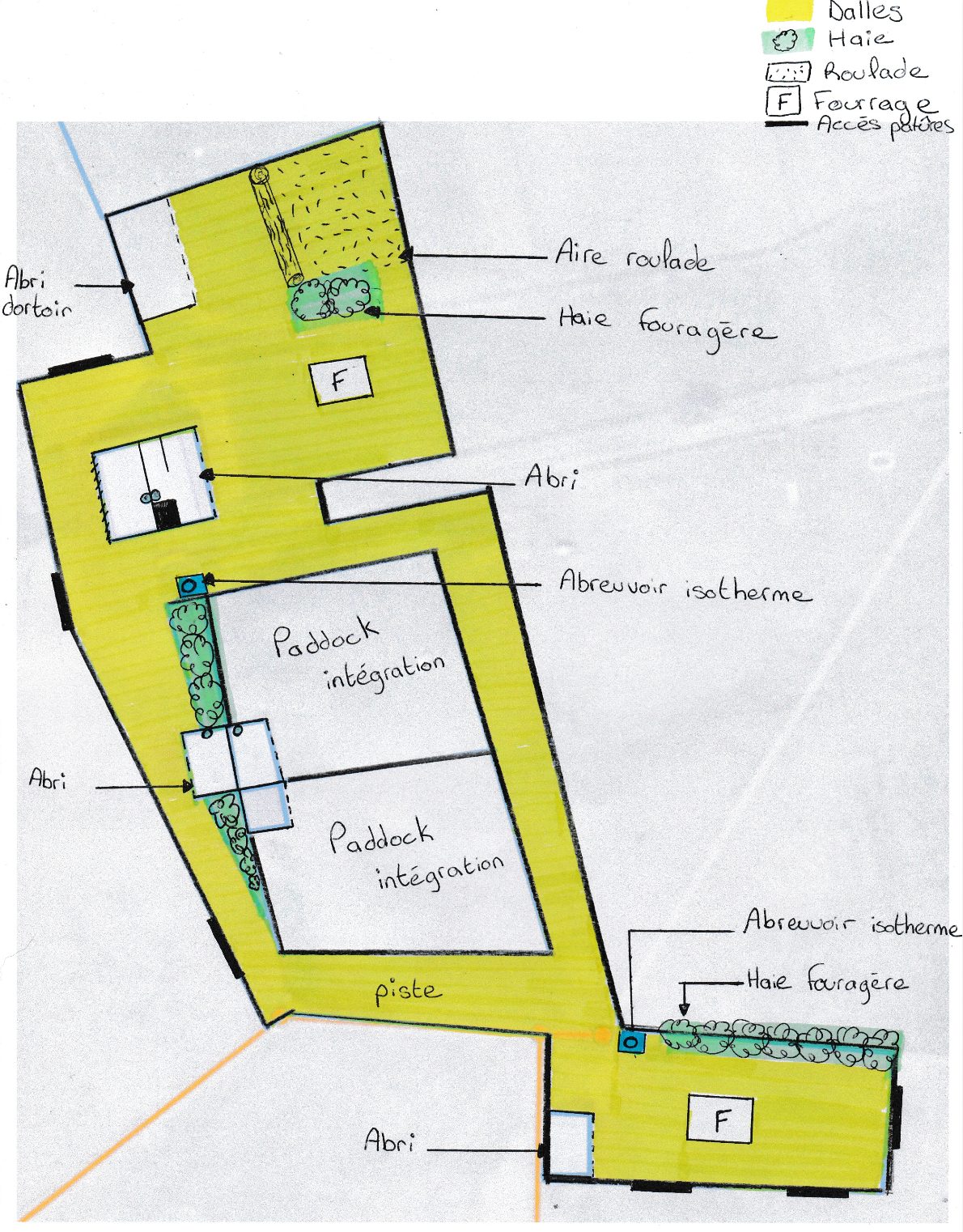 Plan de l'écurie dynamique : piste, abris, dortoir, stations de fourrage, abreuvoirs isothermes, aire de roulade, paddocks d'intégration